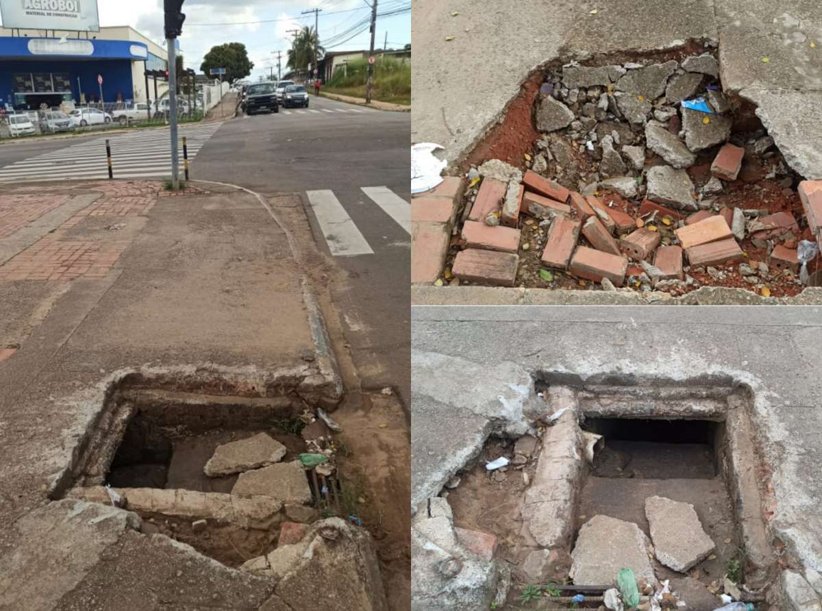 Buraco destampado causa transtorno a pedestres em frente da Defla, na Estação Experimental