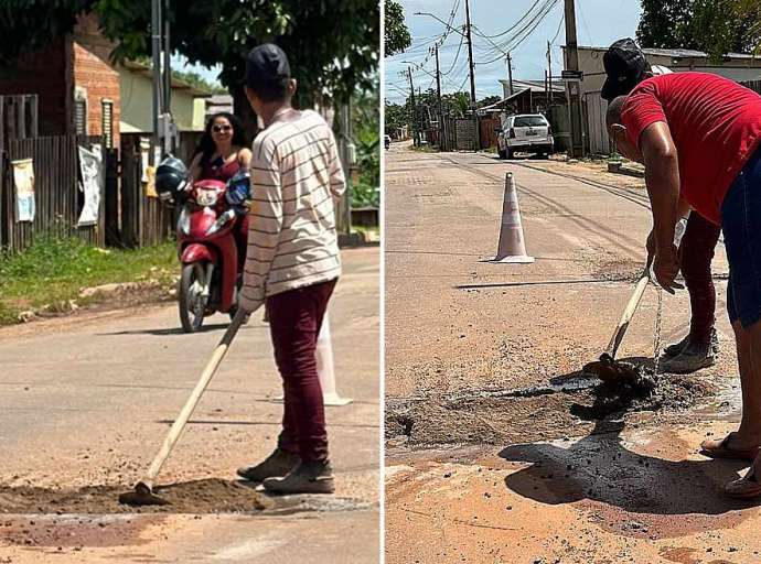 Outra vez, moradores do bairro Canaã em Rio Branco tapam buracos de avenida com cimento