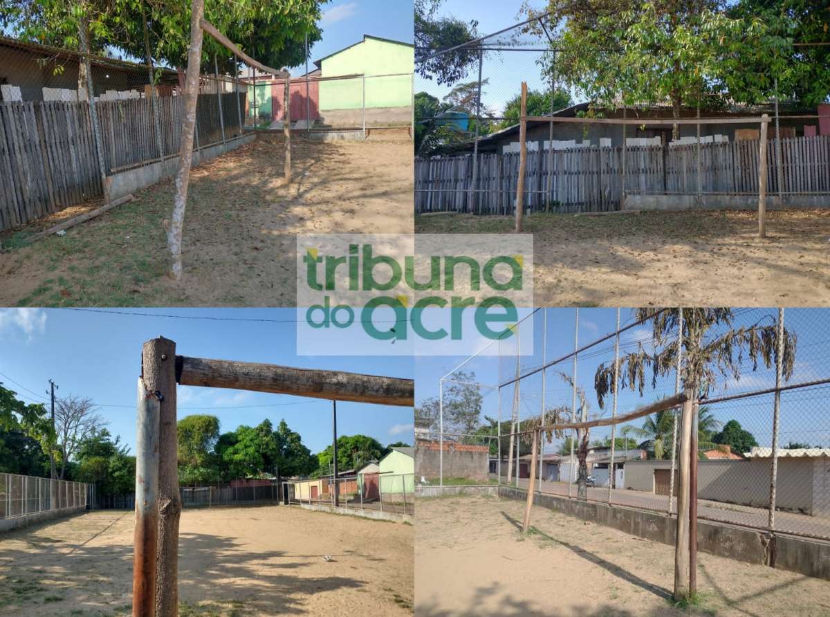 Quadra de futebol nas Placas com traves feitas de pedaço de árvore e com estrutura comprometida mostra descaso da Prefeitura em oferecer espaços de qualidade para a prática esportiva na região 