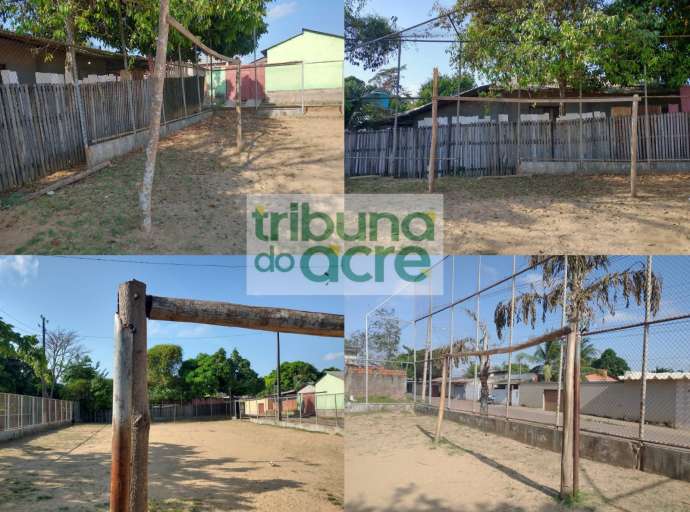 Quadra de futebol nas Placas com traves feitas de pedaço de árvore e com estrutura comprometida mostra descaso da Prefeitura em oferecer espaços de qualidade para a prática esportiva na região 
